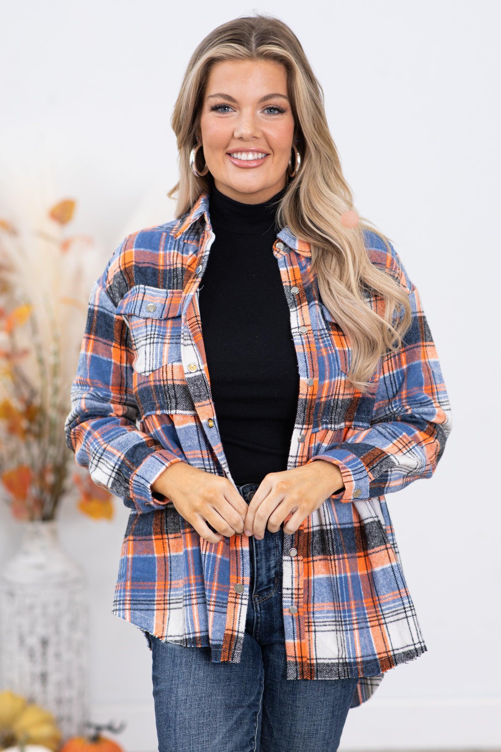 Orange and Blue Plaid Babydoll Button Up Top Product Image