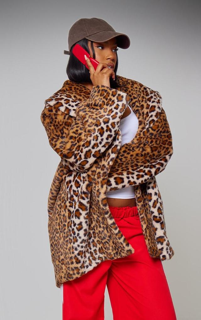 Brown Leopard Faux Fur Midi Coat Product Image