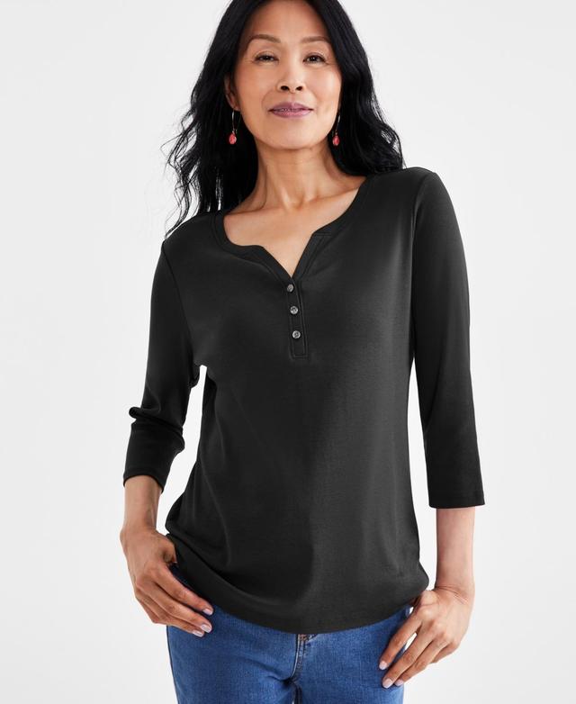 Style & Co Womens Cotton 3/4-Sleeve Henley Tee, Created for Macys Product Image