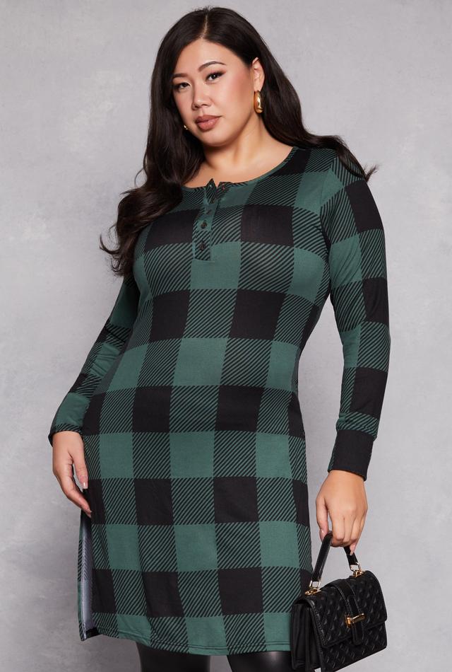 Womens Plus Size Buffalo Plaid Henley Tunic Top Product Image