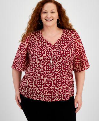 Plus Size Printed V-Neck Necklace Top, Created for Macy's Product Image