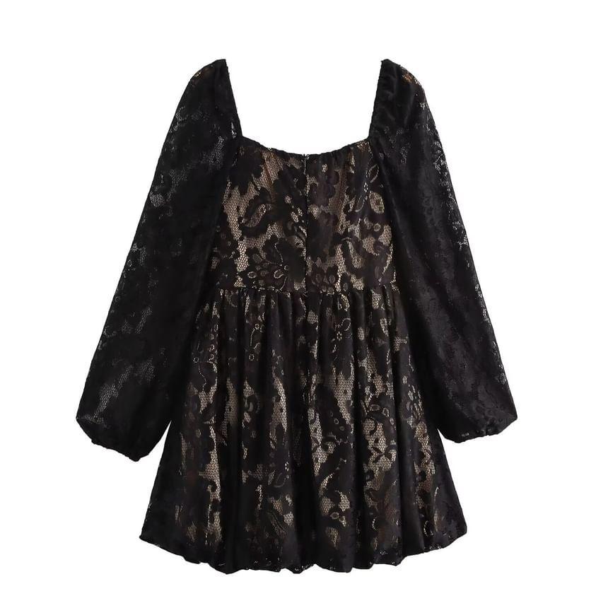 Long-Sleeve Floral Lace Mini A-Line Dress Product Image