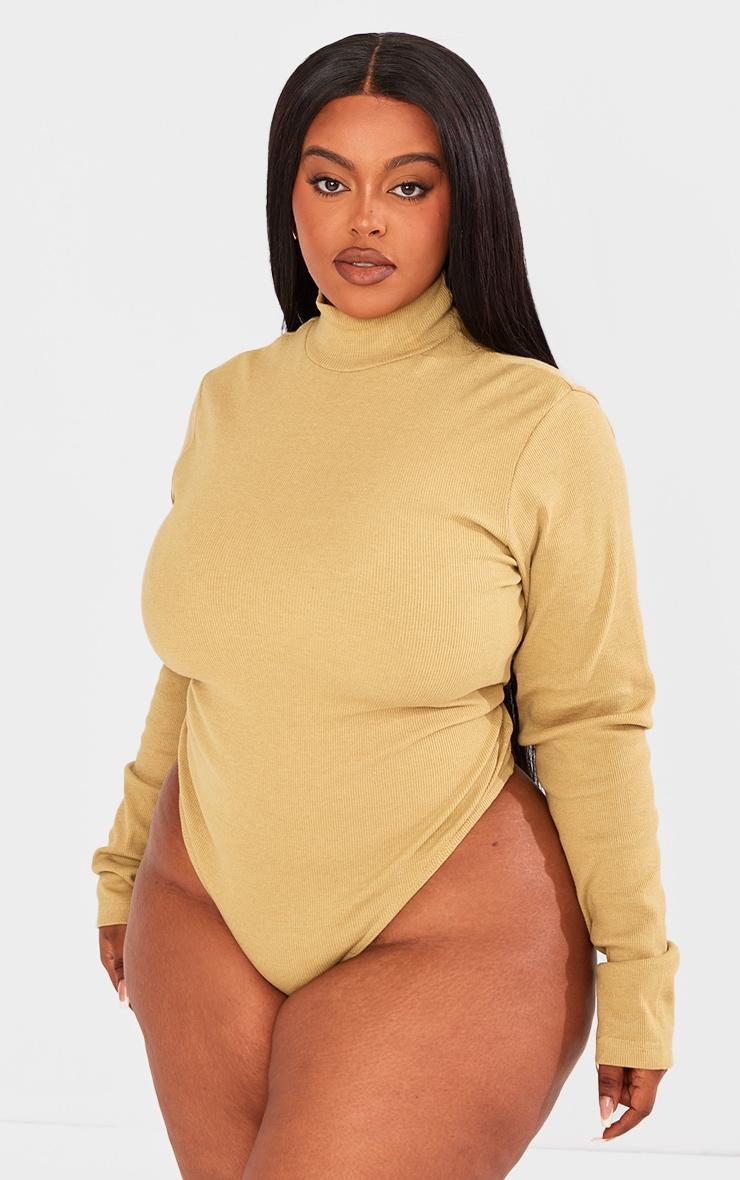 Plus Olive Green Basic Rib Long Sleeve High Neck Bodysuit Product Image