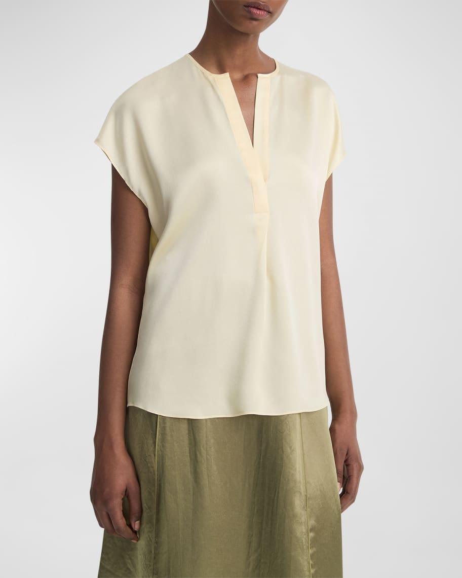 Silk Split-Neck Cap-Sleeve Blouse Product Image