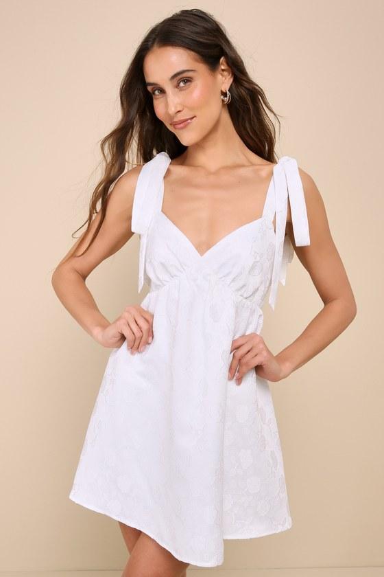 Precious Allure White Jacquard Tie-Strap Lace-Up Mini Dress Product Image