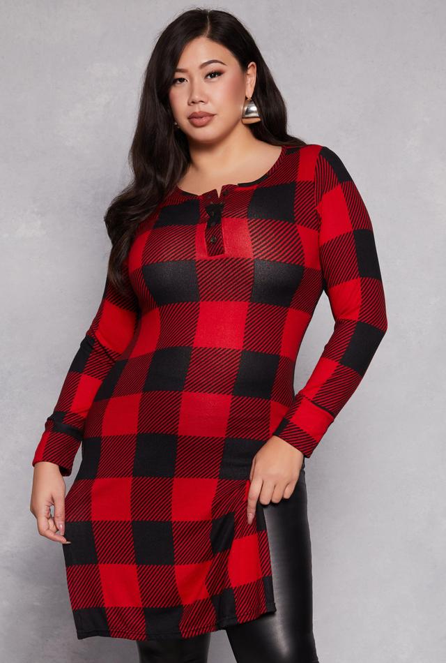 Womens Plus Size Buffalo Plaid Henley Tunic Top Product Image