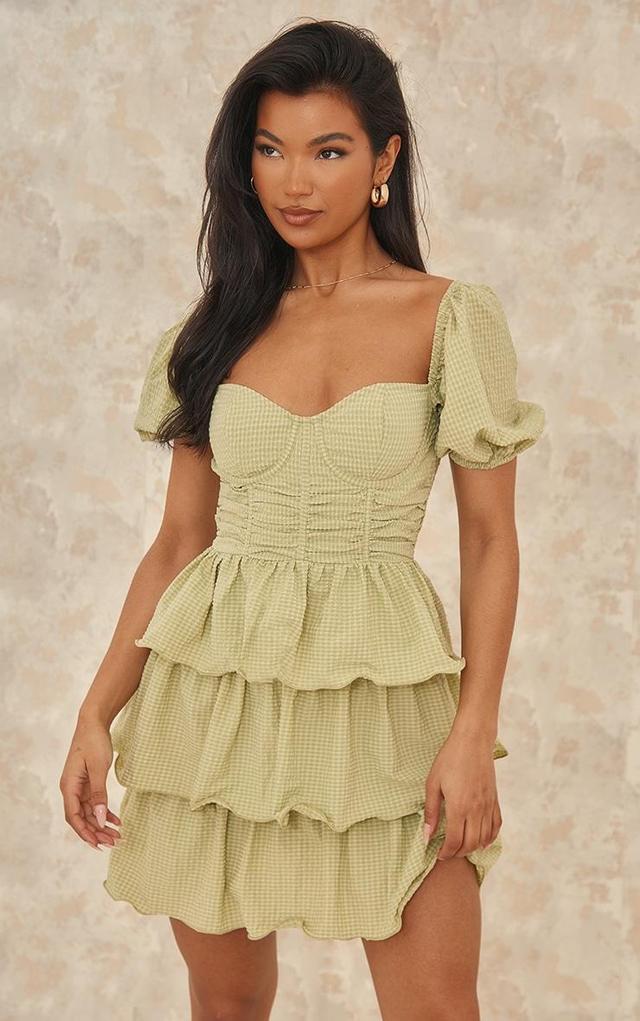 Sage Green Crinkle Cup Detail Tiered Skirt Skater Dress Product Image