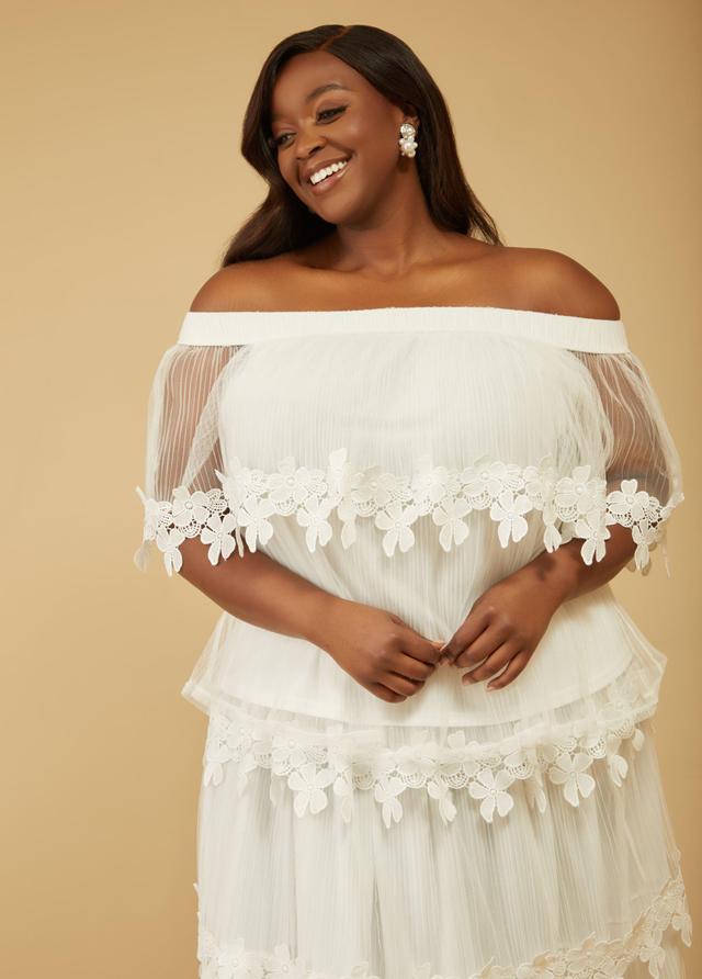 Plus Size Off The Shoulder Appliqued Tulle Top Ashley Stewart Product Image