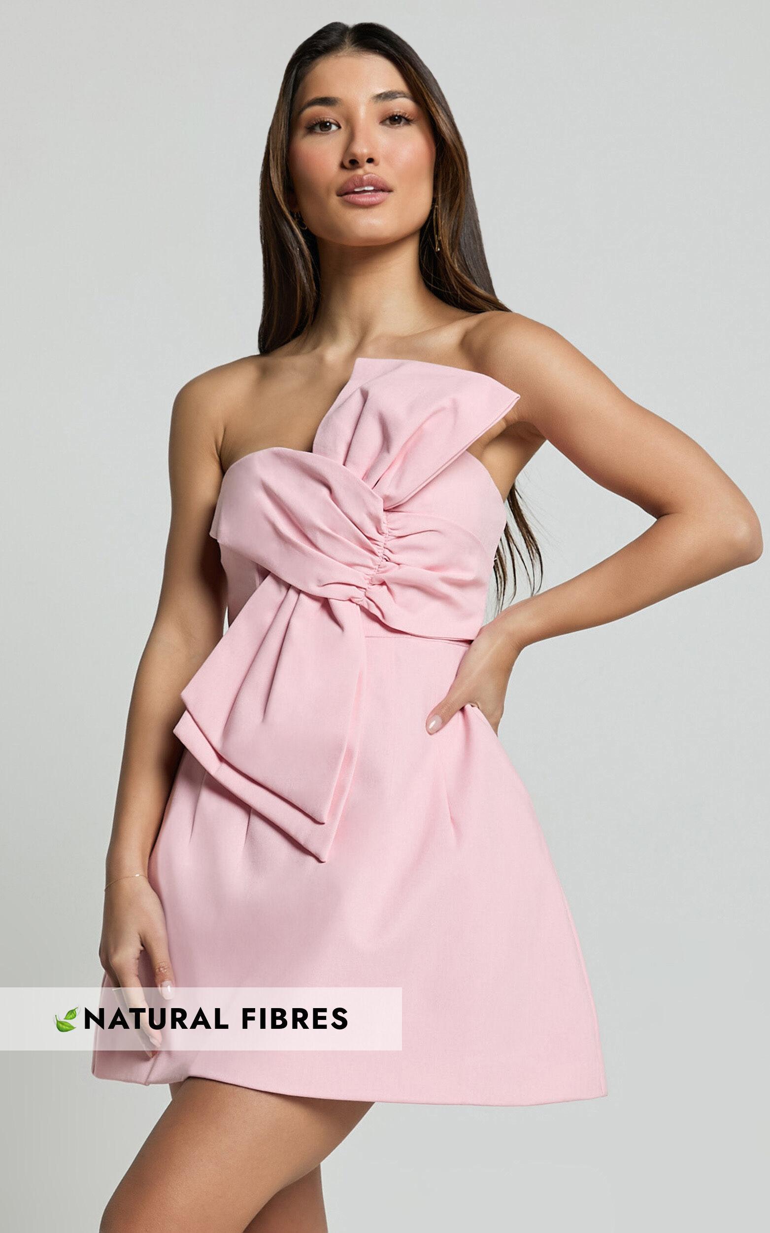 Chika Mini Dress - Linen Look Strapless Front Bow Dress in Soft Pink product image