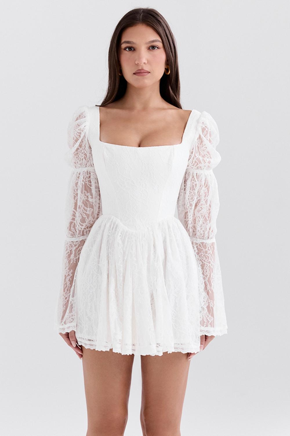 Sancia White Lace Puff Sleeve Mini Dress Product Image