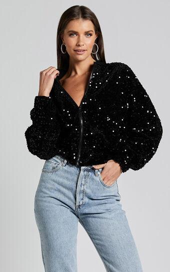 Poinsettia Jacket - Sequin Bomber in Black Product Image