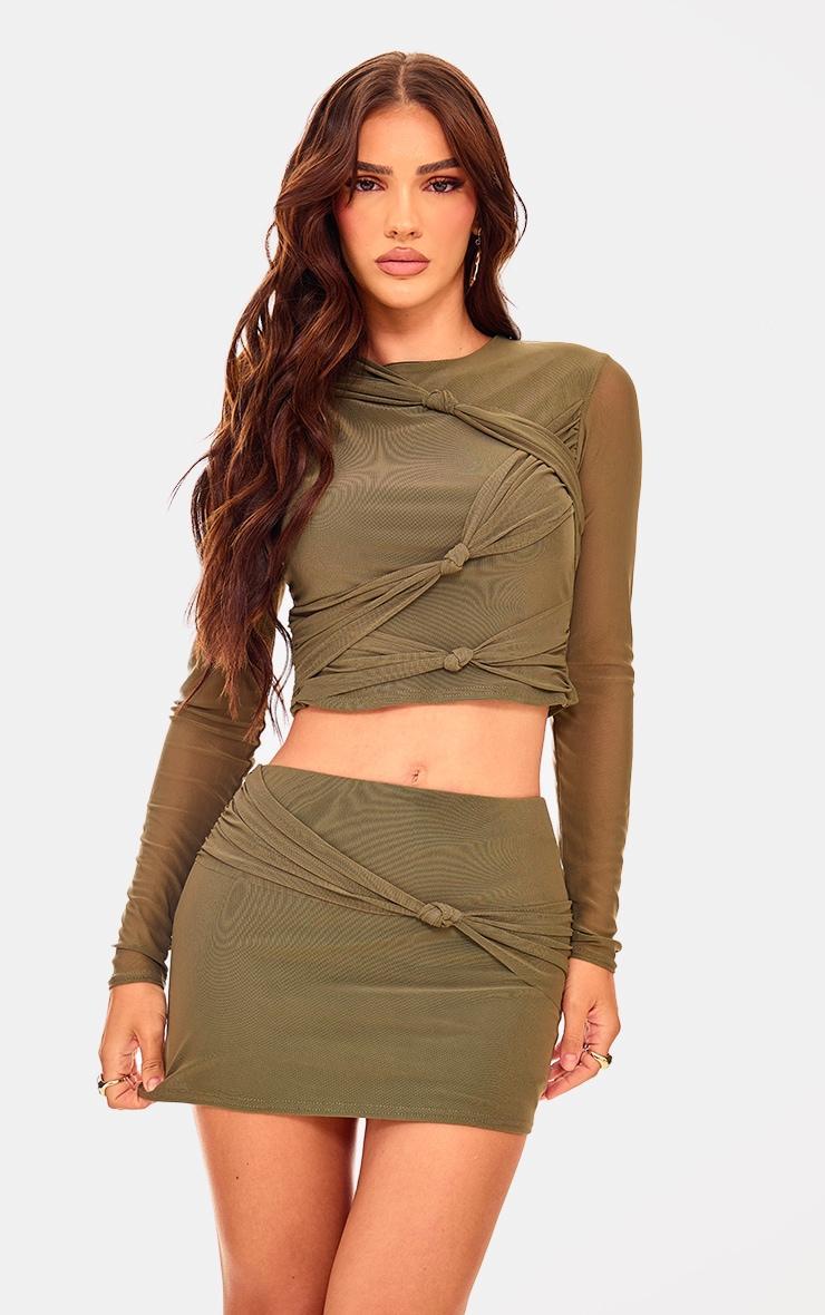 Khaki Mesh Long Sleeve Knot Detail Top Product Image