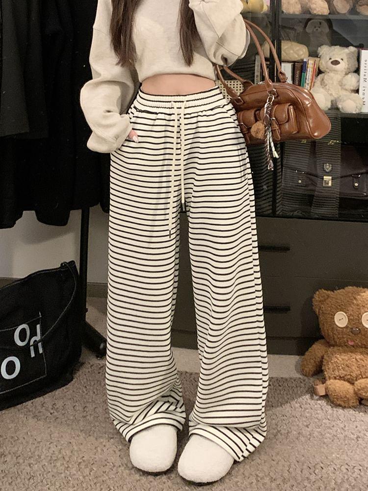 Drawstring Waist Striped Knit Wide Leg Pants Product Image