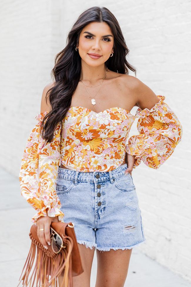 On My Mind Pink And Yellow Multi Printed Off The Shoulder Corset Blouse FINAL SALE Product Image