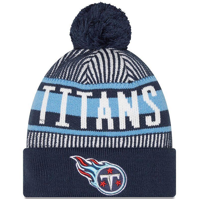 Mens New Era Navy Tennessee Titans Striped Cuffed Knit Hat with Pom, Blue Product Image