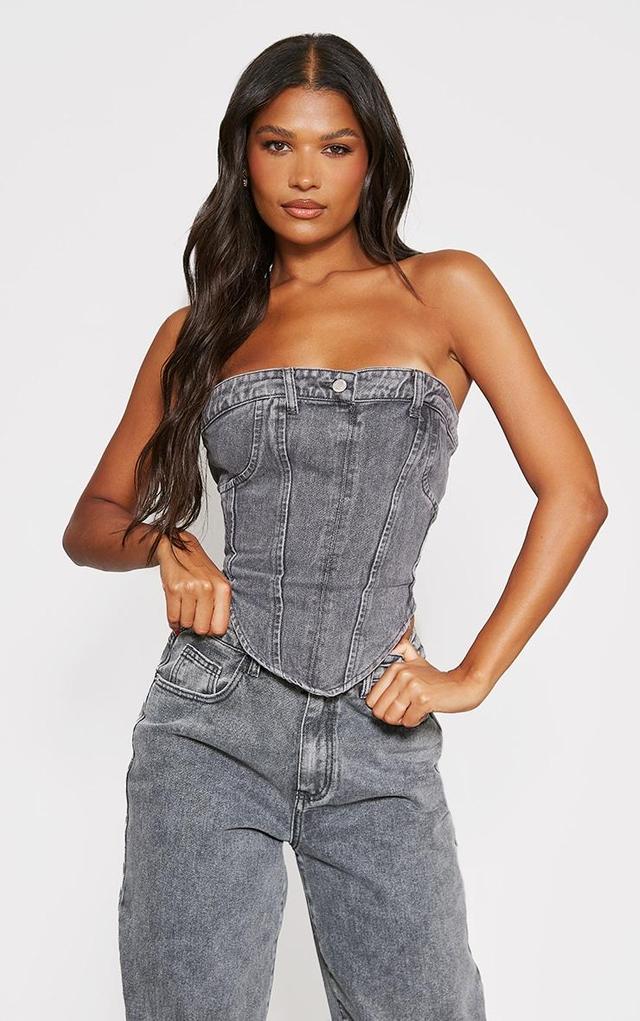 Washed Grey Jean Waistband Detail Denim Corset Top Product Image