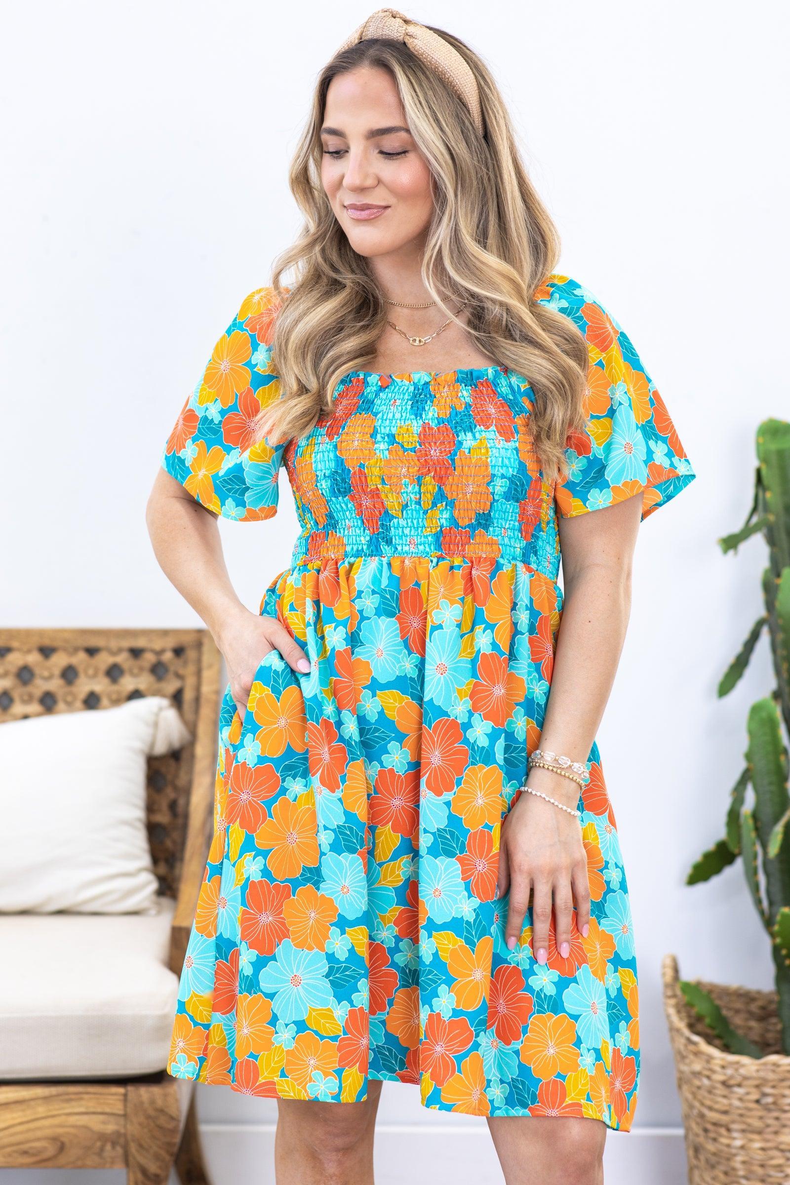 Turquoise and Orange Floral Smocked Dress Product Image