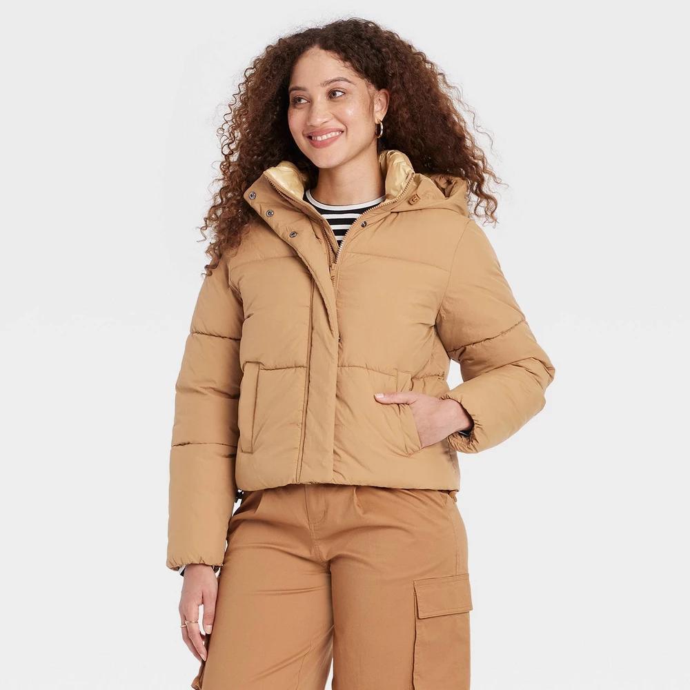 Womens Nylon Puffer Jacket - A New Day Tan L Product Image