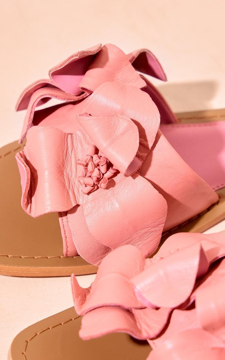 Pink Real Leather Square Toe Corsage Strap Detail Flat Sandals Product Image