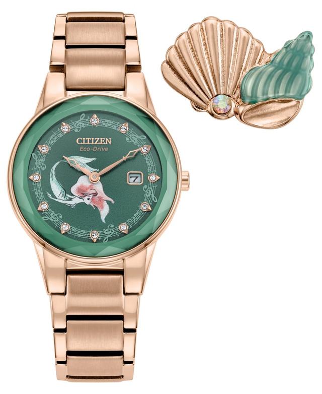 Disneys Ariel Citizen Womens Eco-Drive Rose Gold Tone Stainless Steel Crystal Accent Green Dial Bracelet Watch & Pin Box Set Rosegold Product Image