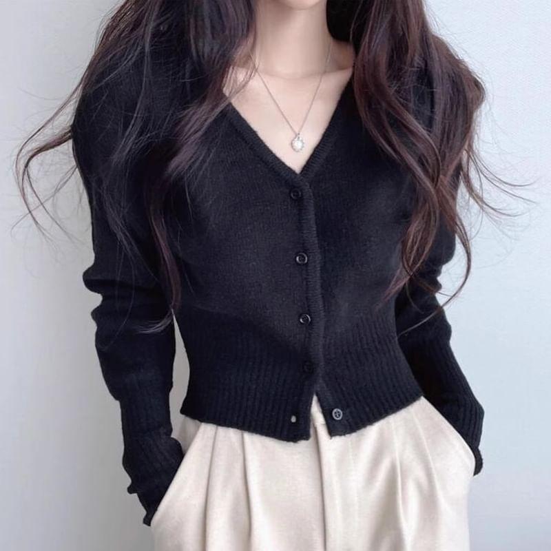 V-Neck Button-Up Plain Crop Cardigan Product Image