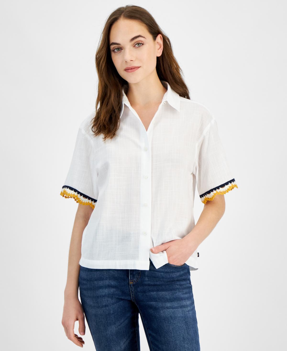 Nautica Jeans Womens Short-Sleeve Crochet-Trim Cotton Shirt Product Image