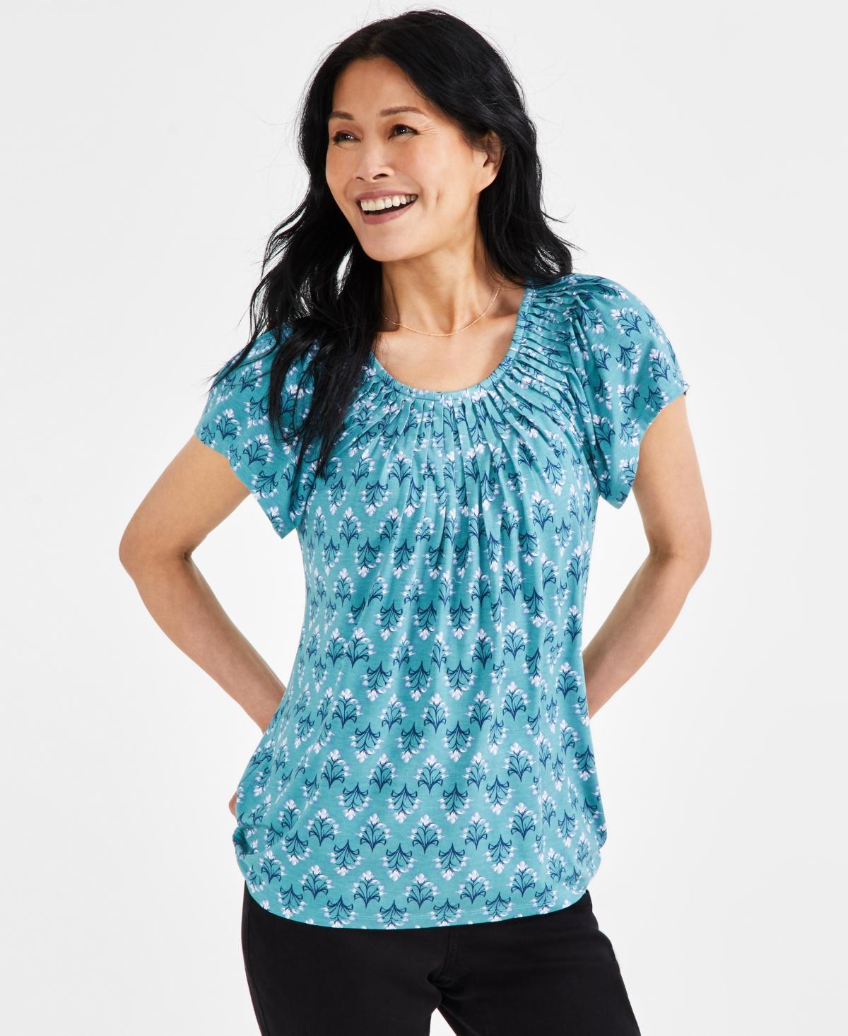 Style & Co Womens Printed Pleated Scoop-Neck Top, Created for Macys Product Image