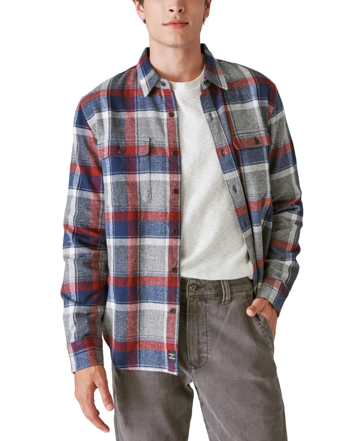 Lucky Brand Plaid Workwear Long Sleeve Flannel Top (Grey/Red/Blue) Men's Clothing Product Image