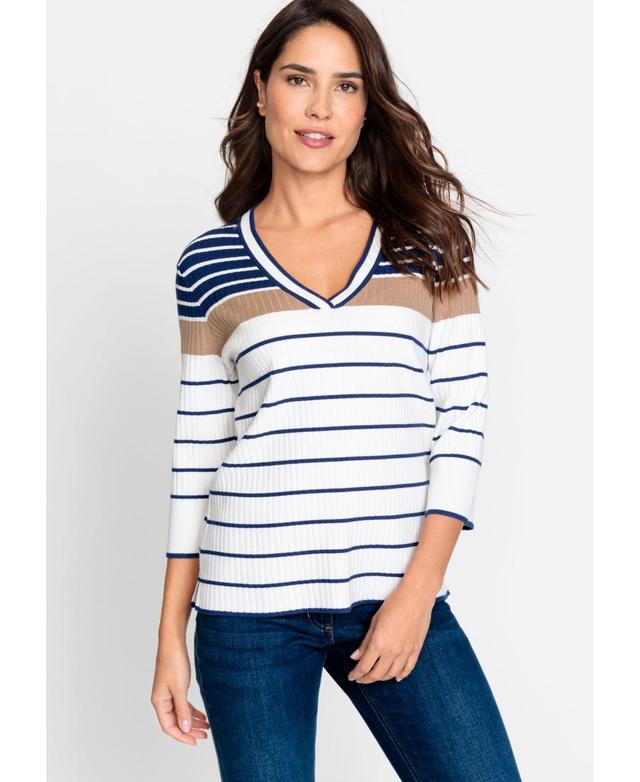 Olsen Womens 3/4 Sleeve Striped V-Neck Pullover Product Image