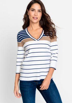 Olsen Womens 3/4 Sleeve Striped V-Neck Pullover Product Image