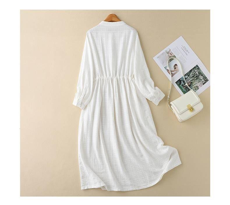 Long-Sleeve Henley Plain Drawstring Midi Smock Dress Product Image