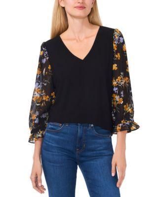 CeCe Womens V-Neck Mixed-Media 3/4-Sleeve Knit Top product image