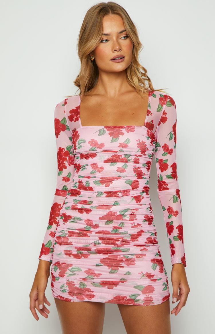 Estee Pink Print Long Sleeve Mesh Mini Party Dress Product Image