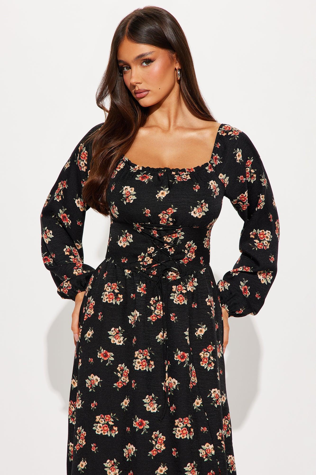 Vintage Vanity Long Sleeve Printed Midi Dress - Black Product Image