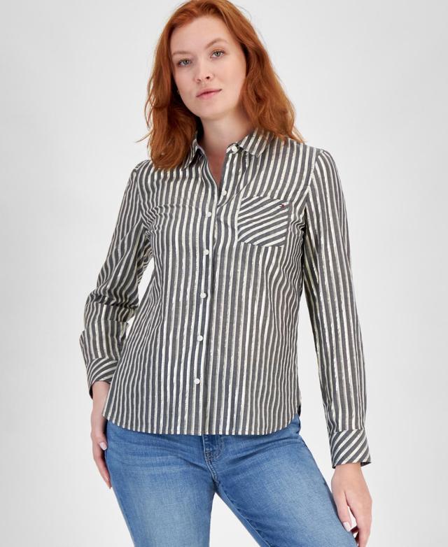 Tommy Hilfiger Womens Shimmering Striped Button-Down Top - Black Product Image