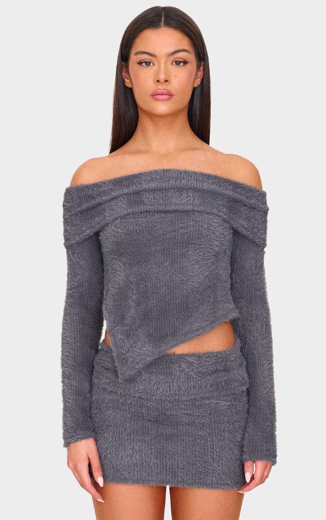 Charcoal Fluffy Textured Asymmetric Fold Over Bardot Top Product Image