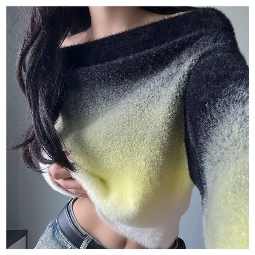 Off-Shoulder Gradient Fluffy Crop Sweater Product Image