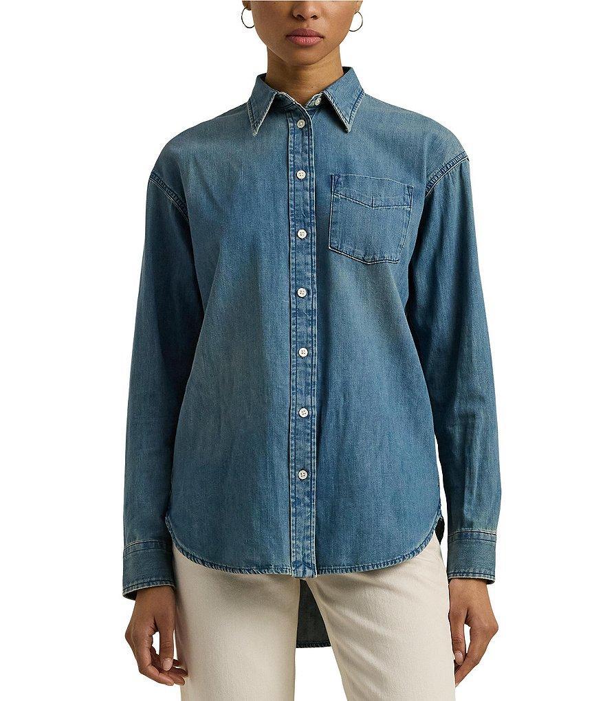 Lauren Ralph Lauren Petite Size Brawley Denim Twill Point Collar Long Sleeve Button-Front Shirt Product Image