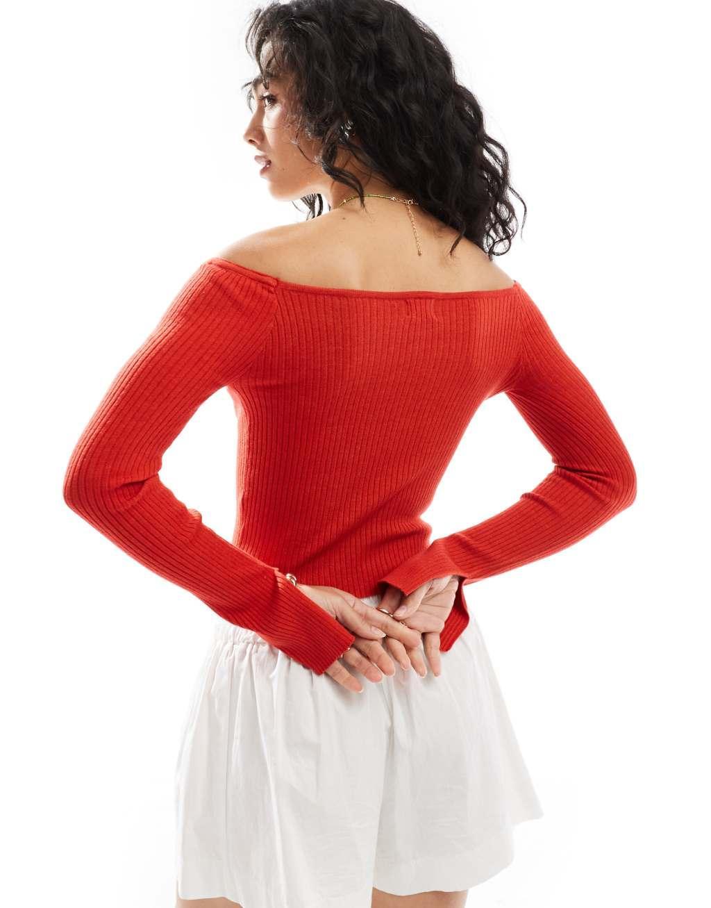  Cotton On everfine curve hem off shoulder lightweight sweater in red Product Image