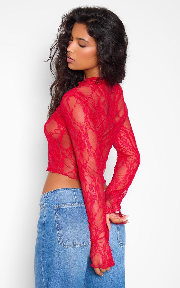 Red Lace Cut Out Long Sleeve Crop Top Product Image