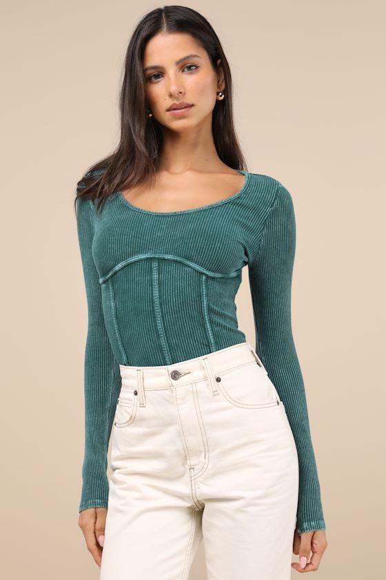 Endless Cuteness Washed Teal Ribbed Seamed Long Sleeve Top Product Image