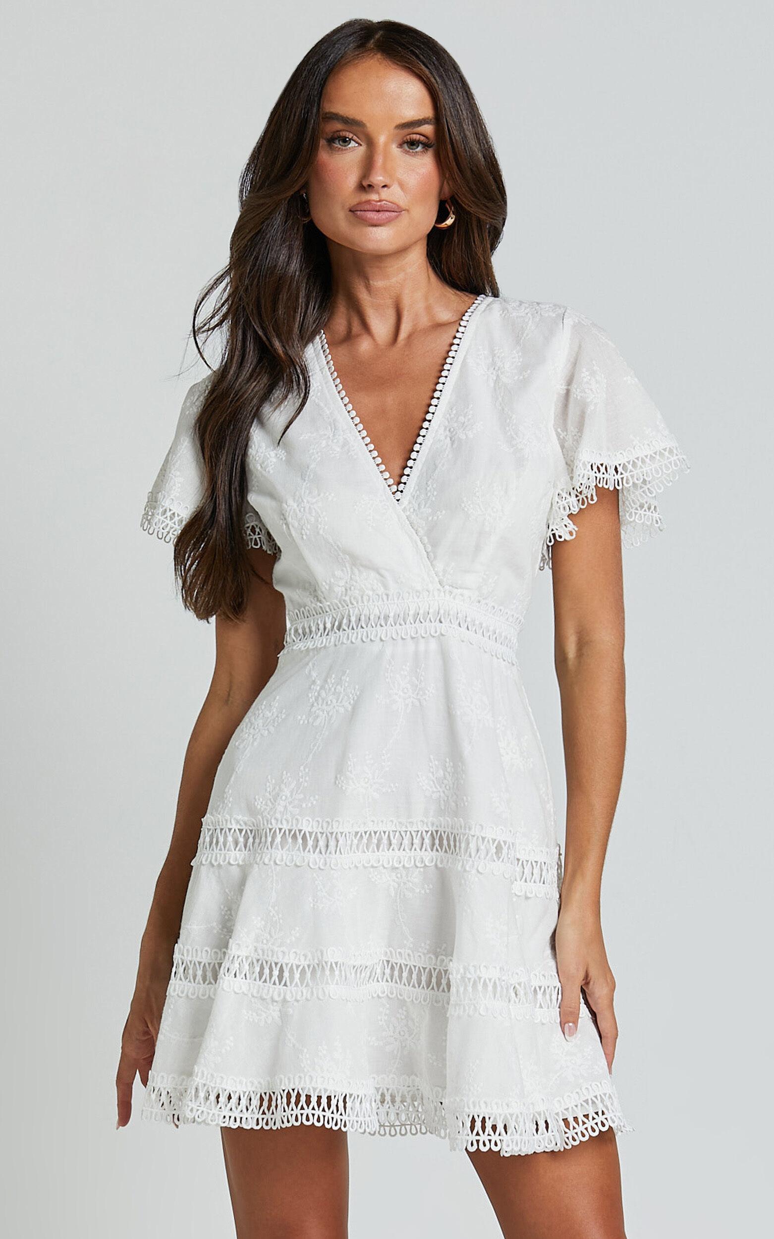 Ariana Mini Dress - V Neck Flutter Sleeve A Line in White Product Image