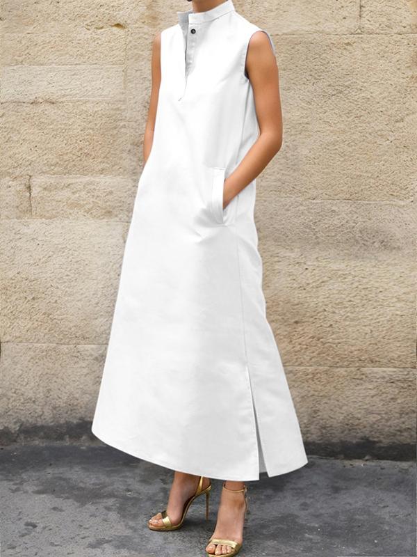 A-Line Loose Split-Joint Split-Side Stand Collar Maxi Dresses Shirt Dress Product Image