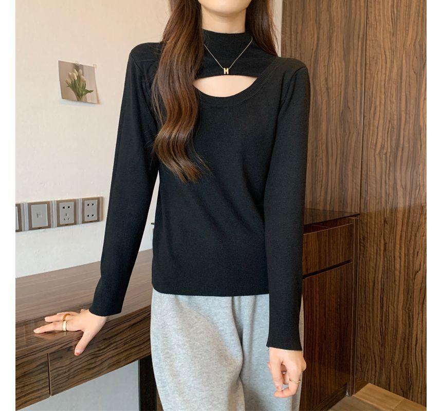 Long-Sleeve Mock Neck Cutout Knit Top Product Image