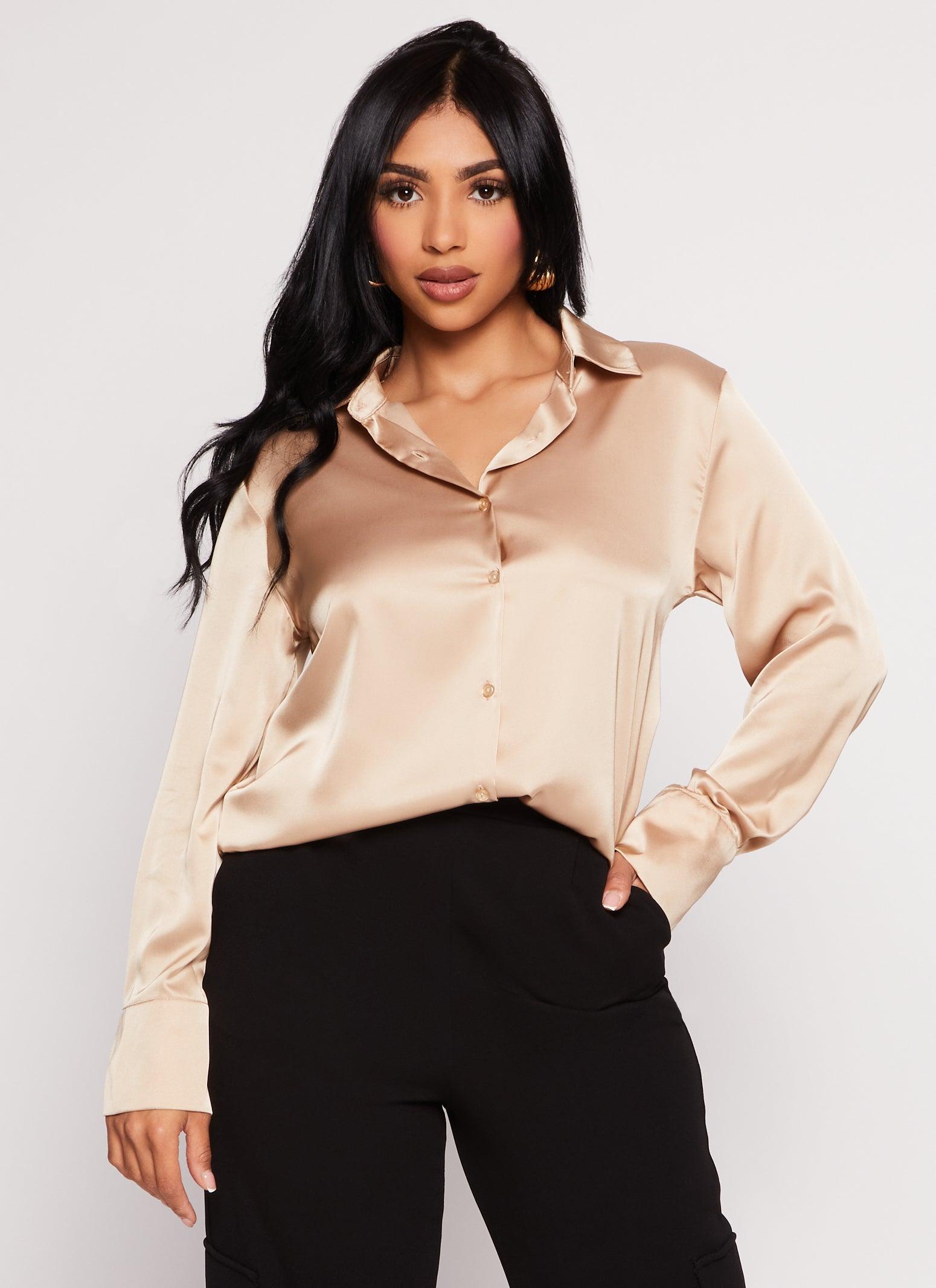 Womens Satin Button Front Long Sleeve Shirt Product Image