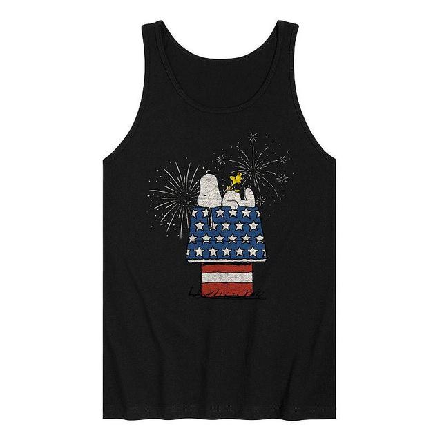 Mens Peanuts Snoopy Dog House Fireworks Vintage Graphic Tank Top Product Image