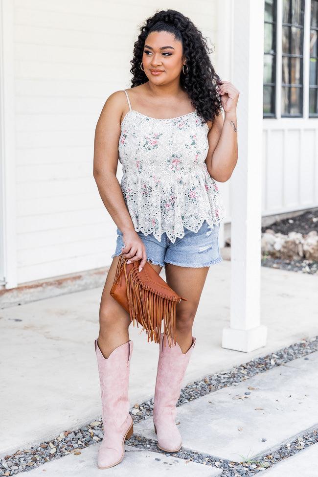 Heartbreak Proof Beige Eyelet Lace Floral Tank Product Image