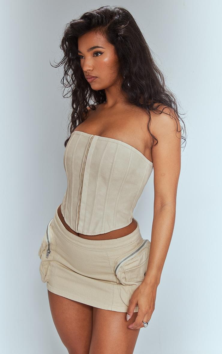 Cream Washed Faux Leather Hook And Eye Structured Corset Product Image