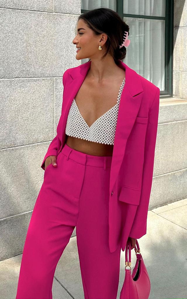 Michelle Blazer - Oversized Plunge Neck Button Up Blazer in Pink Product Image