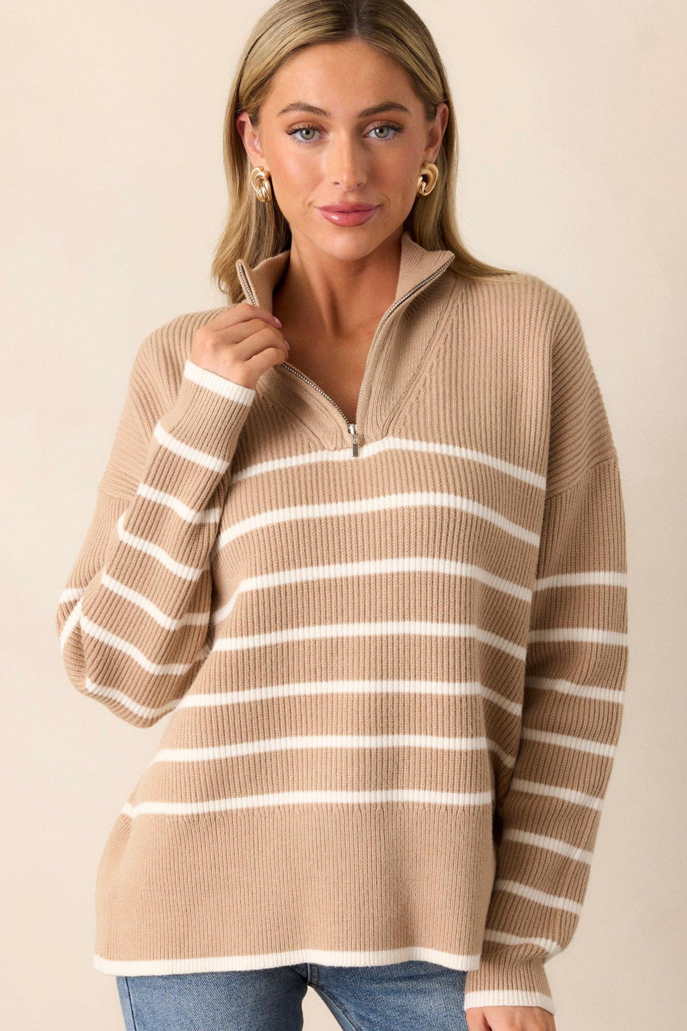 Comfort Cutie Khaki Stripe Quarter-Zip Sweater Product Image